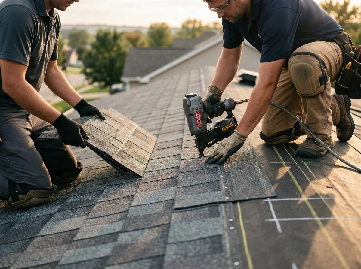 Professional roofer working on a residential roof in Antis